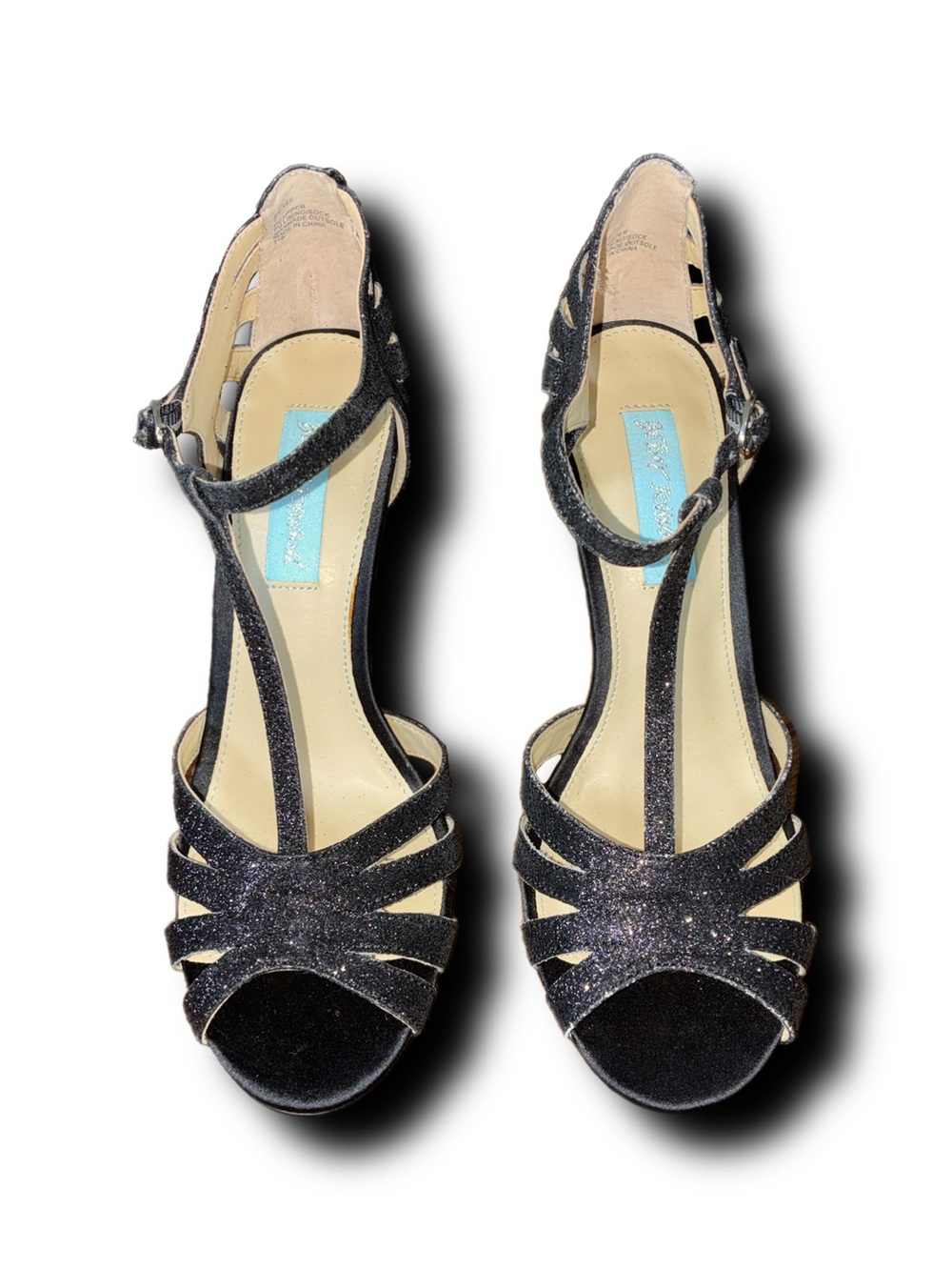 Betsey Johnson SB-Tee Black Glitter Buckle T-Strap Heels Pinup Glam Rockabilly - Picture 3 of 7